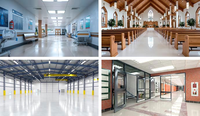 A collage of hospital corridor, a clean church interior, a modern industrial warehouse, and a brick-walled school entryway