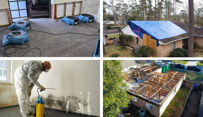 Collage of water and storm damage restoration, mold remediation and reconstruction service