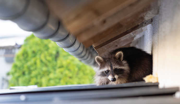 Raccoon sheltering under roof eave