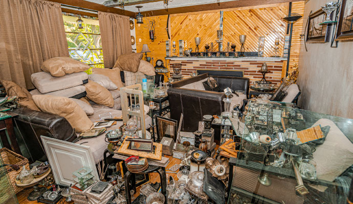 Cluttered living room filled with furniture and household items