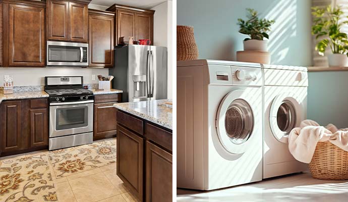 Collage of kitchen and laundry appliances after damage restoration