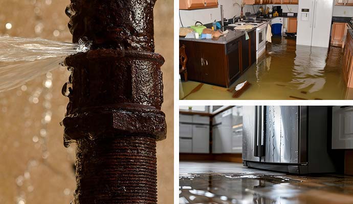 Collage of burst water pipe, flooded kitchen and appliance leak