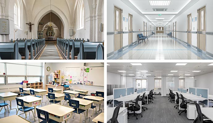 Collage of church hospital classroom and office