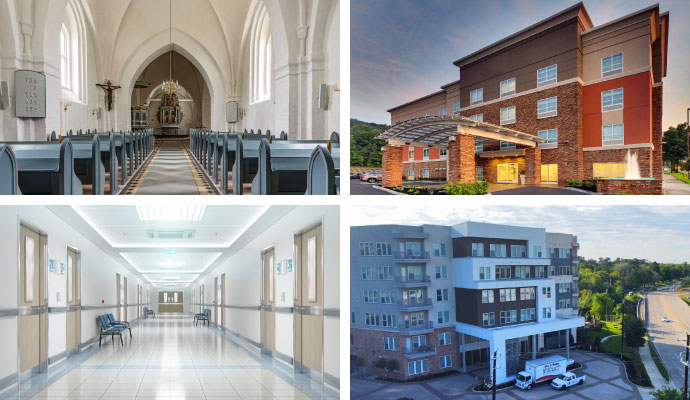 Collage of church, office building, healthcare facility and multifamily building