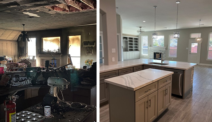 Collage of fire damaged and restored property