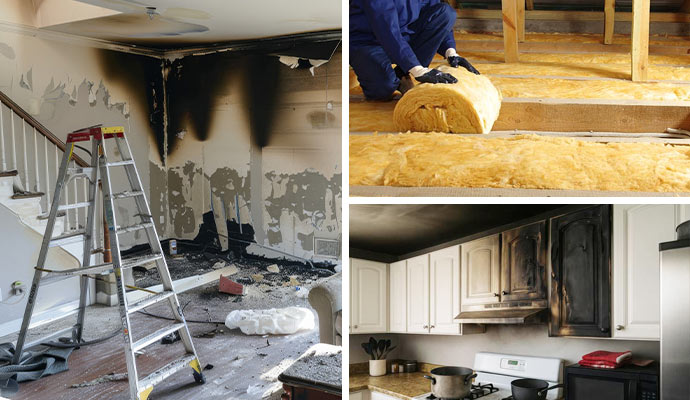Collage of fire damaged properties and insulation replacement service