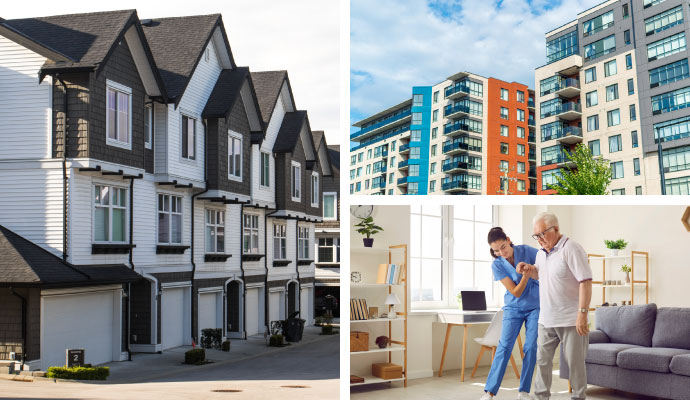 Collage of multifamily, rental properties and senior living community