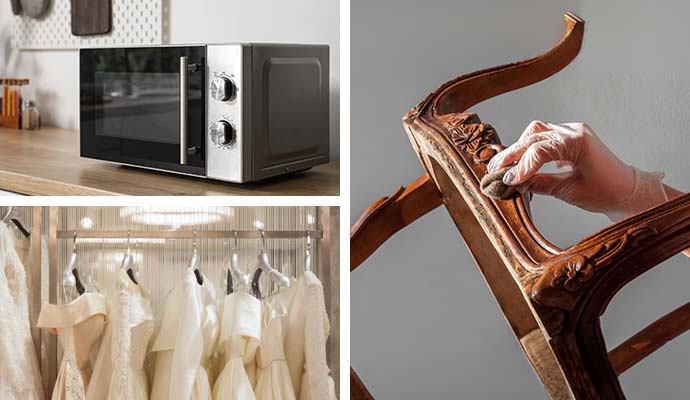 Collage of restored electronics, clothing and furniture restration service