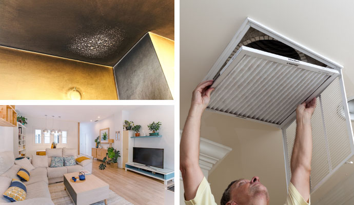 Collage of smoke damaged ceiling, clean living room and duct smoke removal service