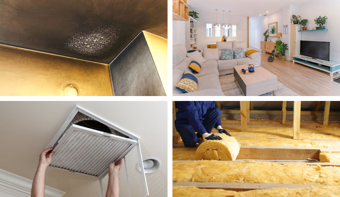 Collage of smoke damaged ceiling, clean modern living room, duct cleaning service and insulation replacement service