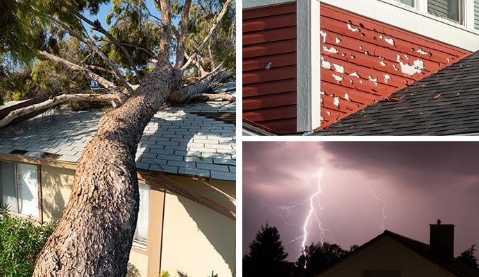 Collage of storm, hail damaged house and view of a lightning strike