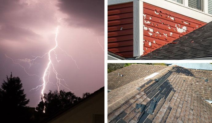 Collage of thunder lightning, hail damaged house and damaged roof