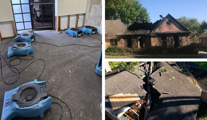 Collage of water damage restoration, fire and storm damaged houses