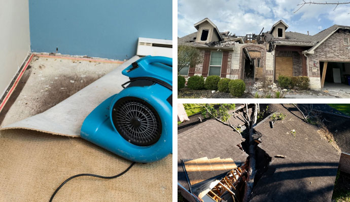 Collage of water damage restoration service, fire and storm damaged houses