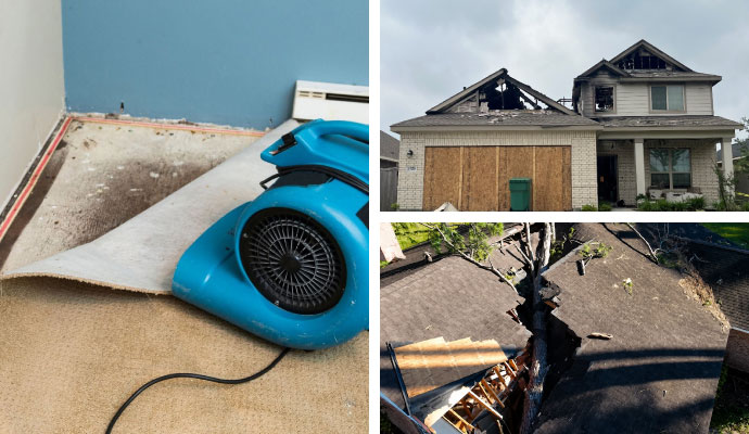 Collage of water damage restoration service, fire damaged roof of a house and storm damaged house