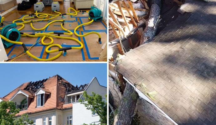 Collage of water, fire and storm damage property