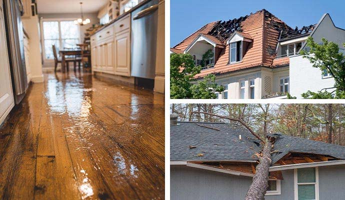 Collage of water, fire, and storm damaged properties