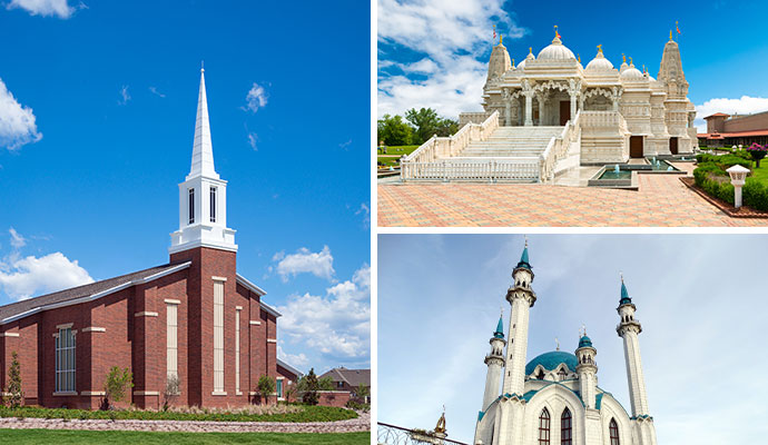 A collage of church, temple and mosque