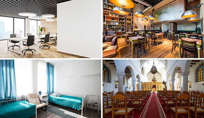 Collage of office, restaurant, healthcare and church interior