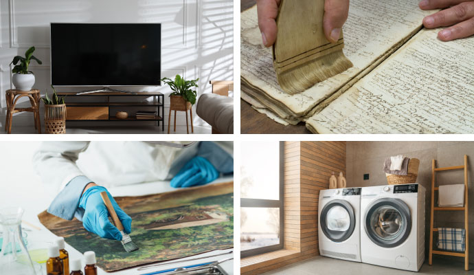 Collage of television, content restoration services and a clean washing machine