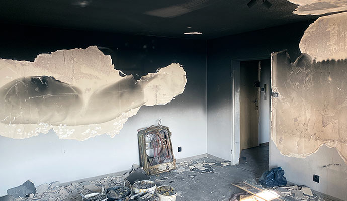 Fire-damaged room