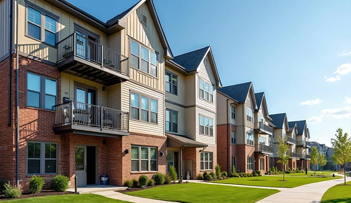 Exterior view of a modern three-story multi-family apartment building