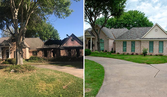 Before and after comparison of a residential home with fire damage and the fully restored house after fire damage restoration