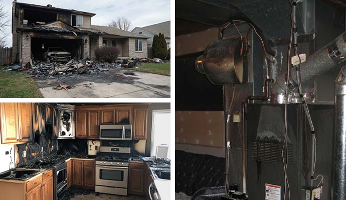 Collage of fire damage to a garage, kitchen, and HVAC furnace
