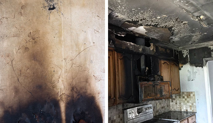 Collage of smoke damaged wall and fire damaged kitchen