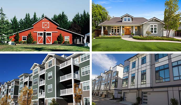 Collage showing a barn, single-family home, apartment building, and townhouses