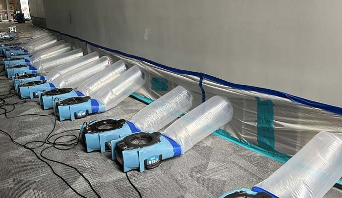 Commercial air movers drying interior walls after water damage.
