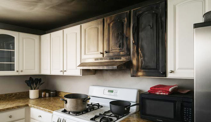 Fire and smoke damaged kitchen