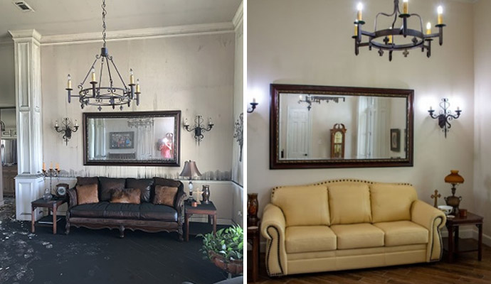 Before and after comparison of a fire damaged house interior