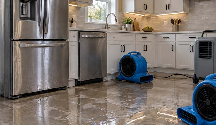 Flooded kitchen with refrigerator, dishwasher, and air movers for drying