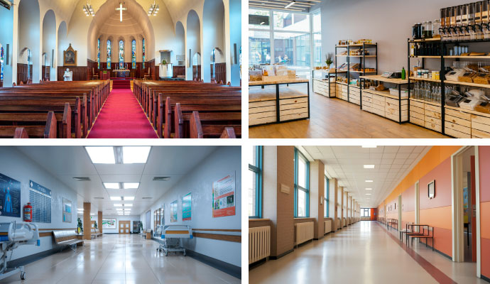 Collage of church, hospital, retail store, and schools