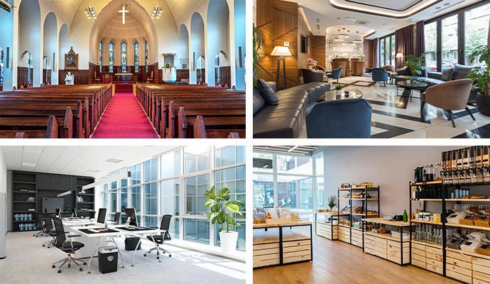 Collage of church, office building, hotel, and retail store