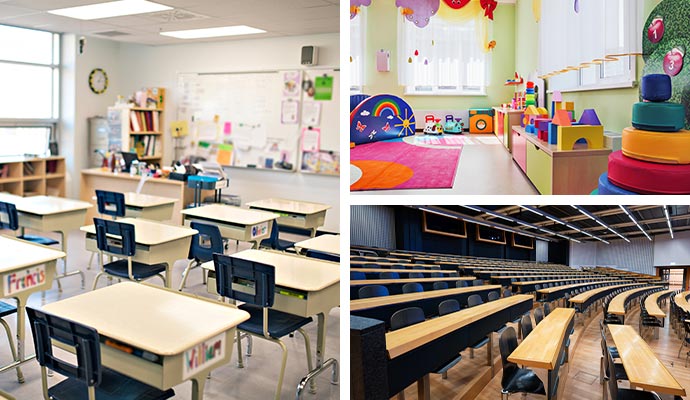 Collage of school, day care, and university classroom