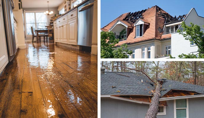 Collage of water damaged floor, fire and wind damaged house roof