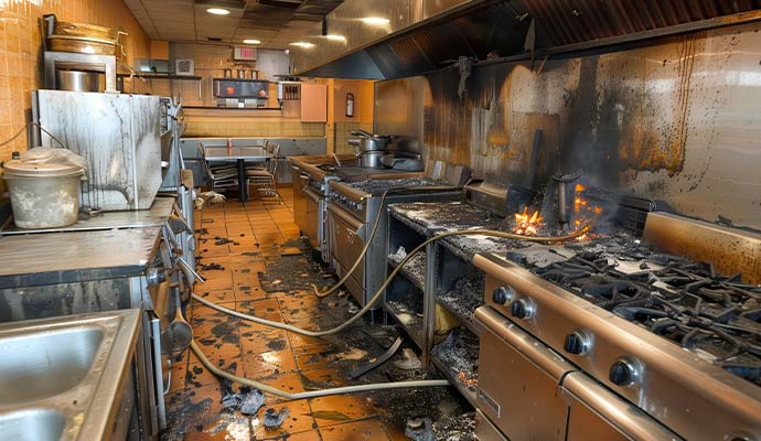 Fire and soot damage inside a commercial kitchen