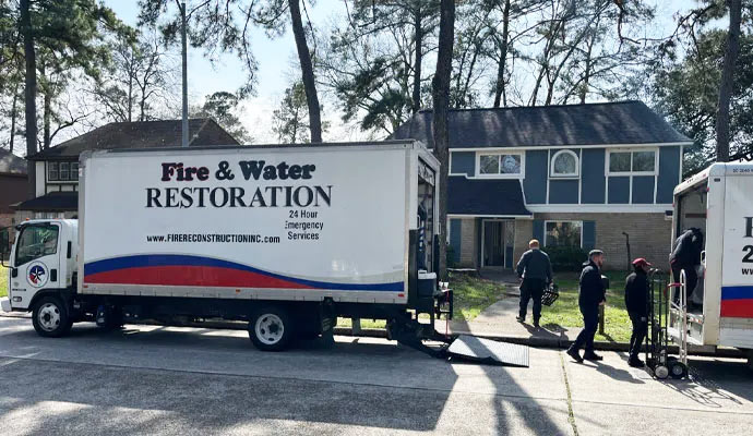 Fire Reconstruction Inc. restoration team with service vehicles in front of a residential home