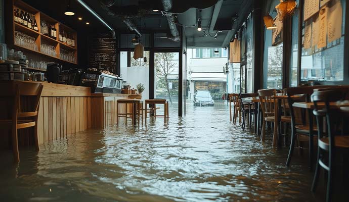 Flooded inside of a restaurant dining area