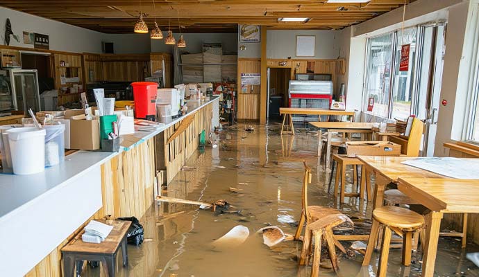 Standing water covering the floor inside a restaurant