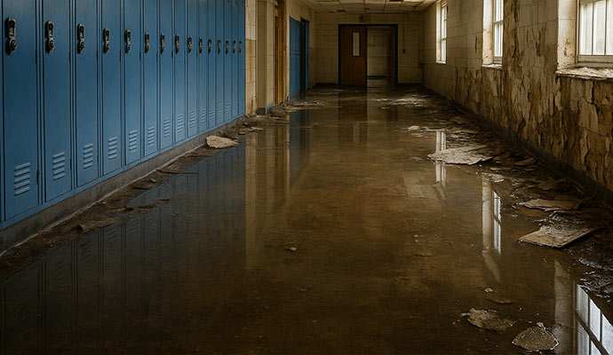 Water damaged school corridor
