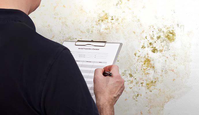 Inspector filling checklist in front of moldy wall