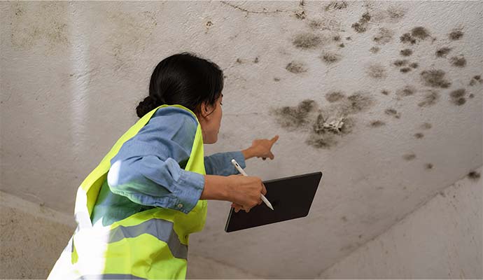 Inspector pointing to ceiling mold damage
