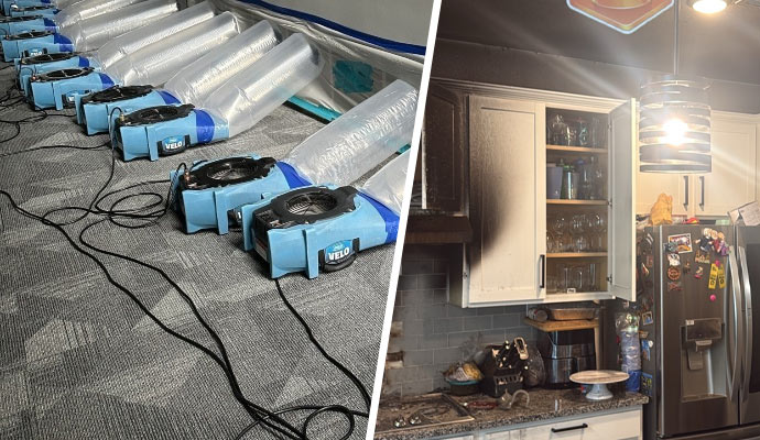 Collage of water damage restoration and fire damaged property