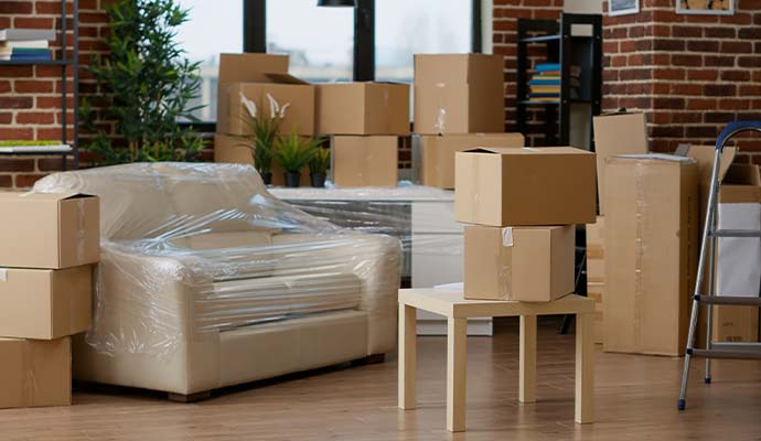 Cardboard boxes and plastic-wrapped furniture packed for a contents move-out.