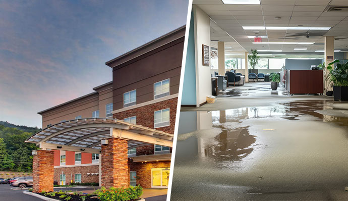 Collage of commercial property and water damaged office space