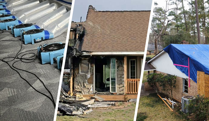 Collage of water damage restoration, fire and storm damaged property