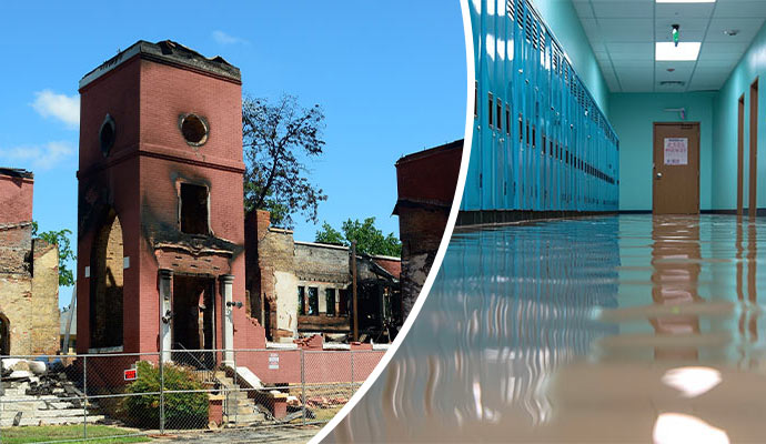 Collage of fire and flood damaged commercial property